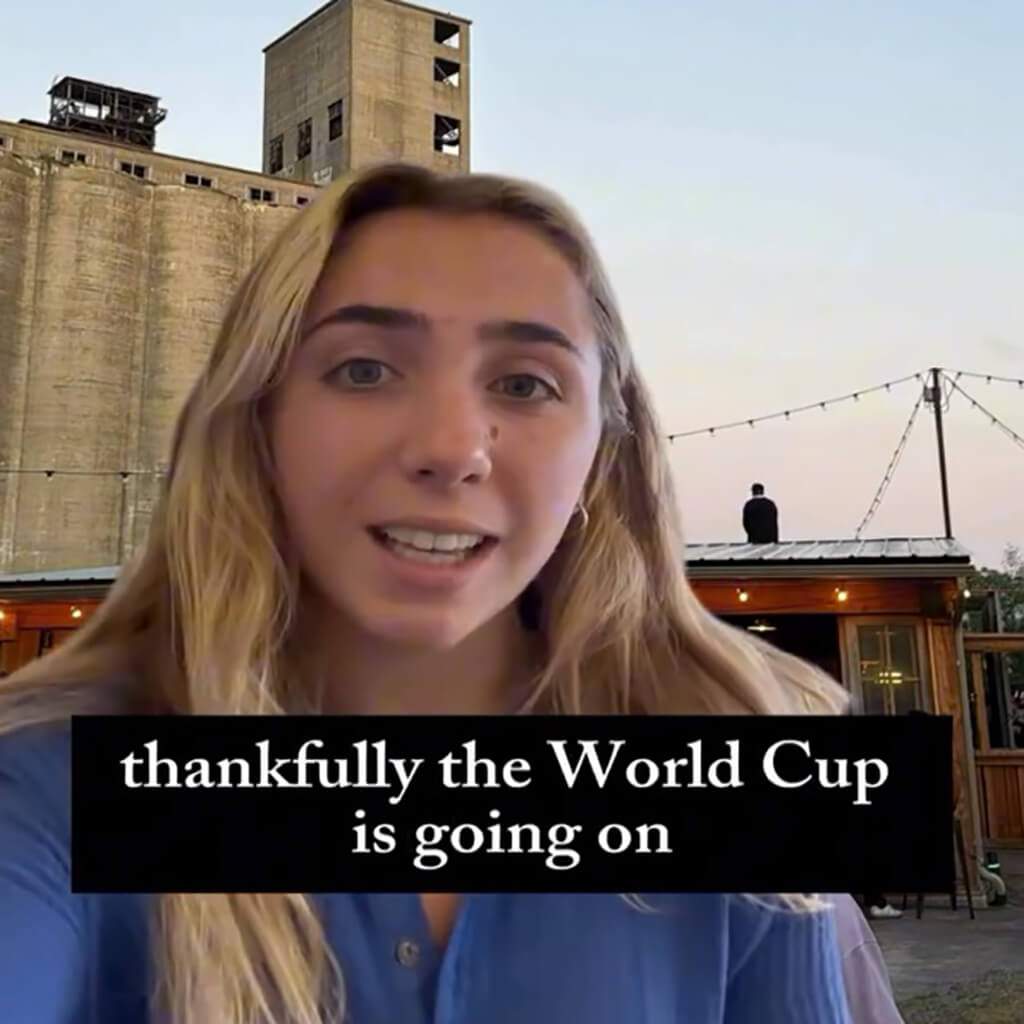 Social media post of woman sitting in front of a grain silo with a text preview discussing the World Cup