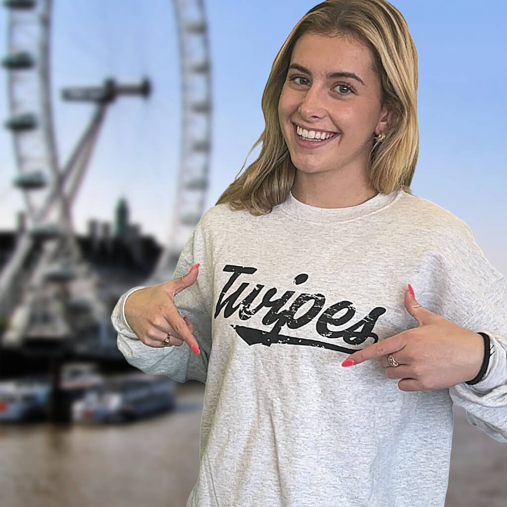 Social media post of a woman pointing at the Twipes logo on her sweatshirt