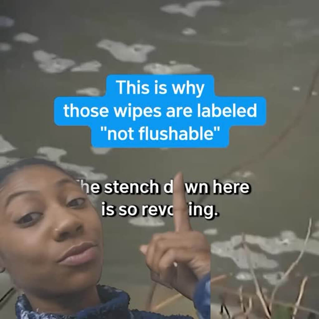 Social media post of a woman in front of a background news story about sewage